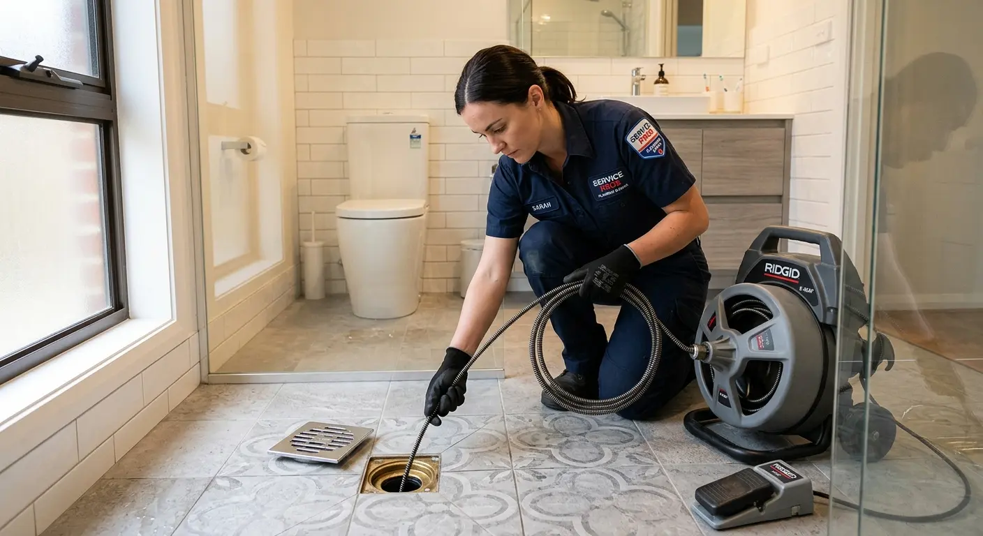 Technician clearing a bathroom floor drain for Clogged Drain Repair in Sikeston